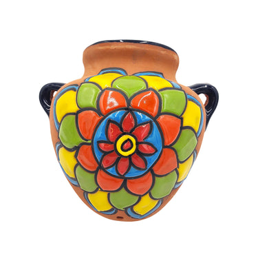Mexican Talavera Terracotta Cubanito Wall Planter Pot, Hand Painted Traditional Maceta de Pared for Home & Garden Décor - Dark Blue Trim Trim